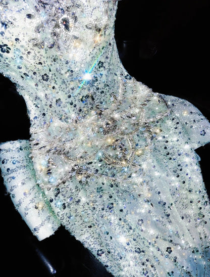 Amazing Illusion Neck Sweet 16th Mermaid Evening Dresses Sequins Rhinestones Bow Prom Dress AP4427