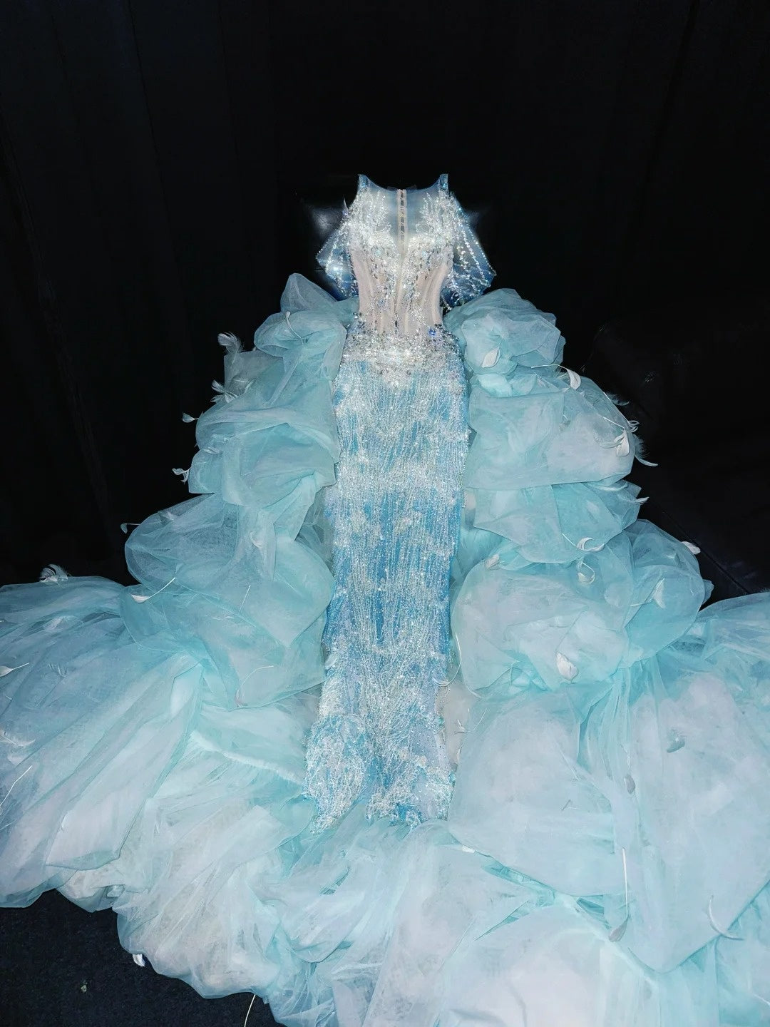 Appealing Sheath Off-Shoulder Splicing Tulle Evening Gowns Beading Tassel Sequins Rhinestones Prom Dress AP4428