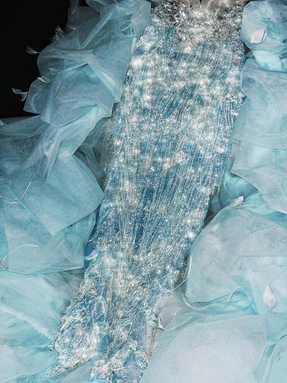 Appealing Sheath Off-Shoulder Splicing Tulle Evening Gowns Beading Tassel Sequins Rhinestones Prom Dress AP4428