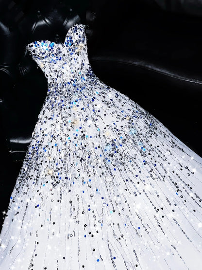 Shiny A-Line Strapless Sweet 16th Evening Dresses Sequins Tulle Prom Dress AP4432
