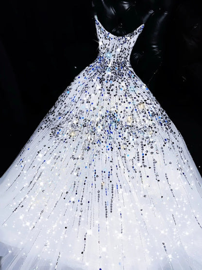 Shiny A-Line Strapless Sweet 16th Evening Dresses Sequins Tulle Prom Dress AP4432