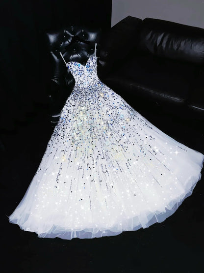 Shiny A-Line Strapless Sweet 16th Evening Dresses Sequins Tulle Prom Dress AP4432