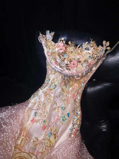Avant-Garde Strapless Sheath Sweet 16th Dresses Beading Handmade Flowers Sequins Embroidery Prom Dress AP4433