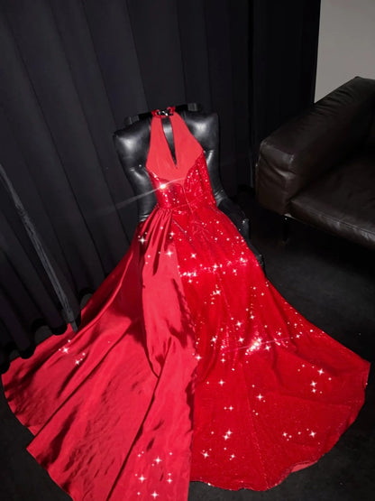 Eye-Catching Halter Neck A-Line Sweet 16 Gowns Red Sequins Handmade Flowers High-Slit Prom Dress AP4434