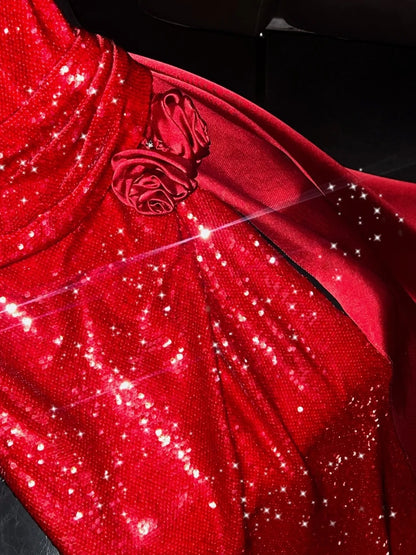 Eye-Catching Halter Neck A-Line Sweet 16 Gowns Red Sequins Handmade Flowers High-Slit Prom Dress AP4434