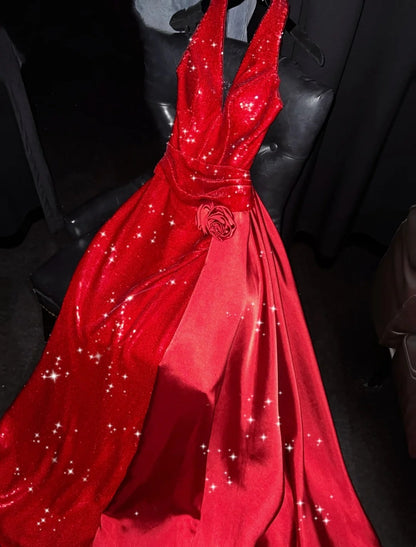 Eye-Catching Halter Neck A-Line Sweet 16 Gowns Red Sequins Handmade Flowers High-Slit Prom Dress AP4434