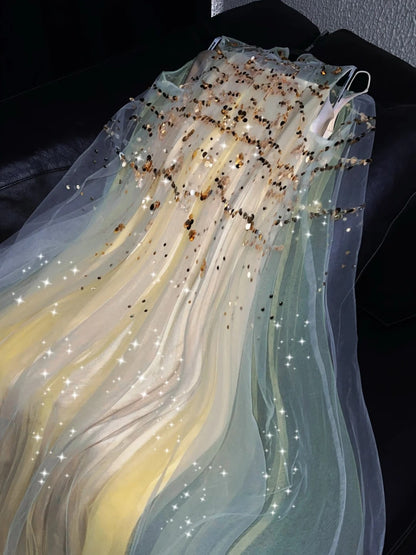 Romantic A-Line Mandarin Collar Sweet 16th Evening Dresses Sequins Layered Tulle Prom Dress AP4435