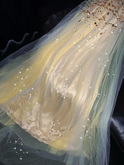 Romantic A-Line Mandarin Collar Sweet 16th Evening Dresses Sequins Layered Tulle Prom Dress AP4435