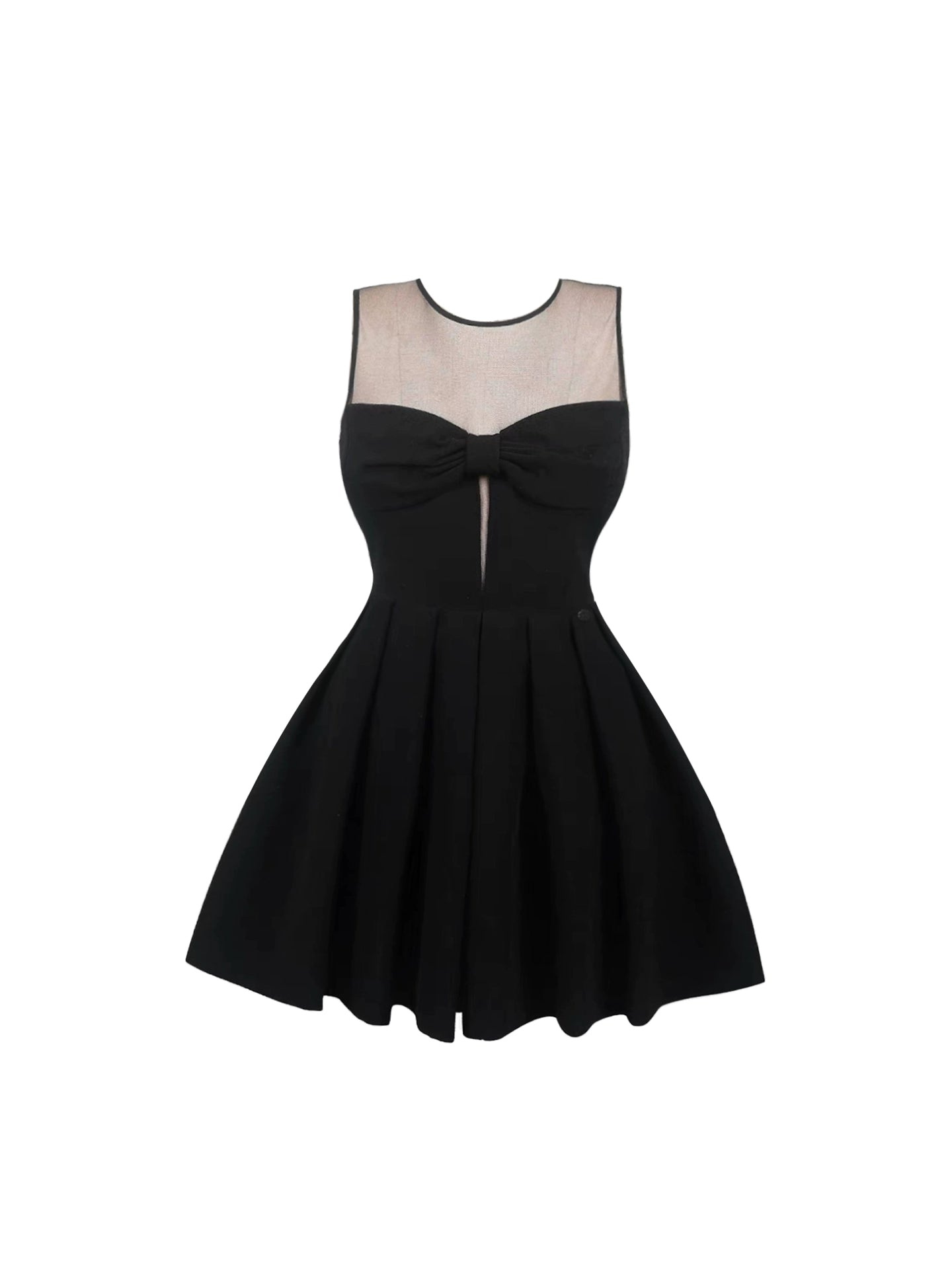 Ornate Jewel Neck A-Line Black Mini Skirt Bow Cutout Splicing Tulle Short Dress AP4436