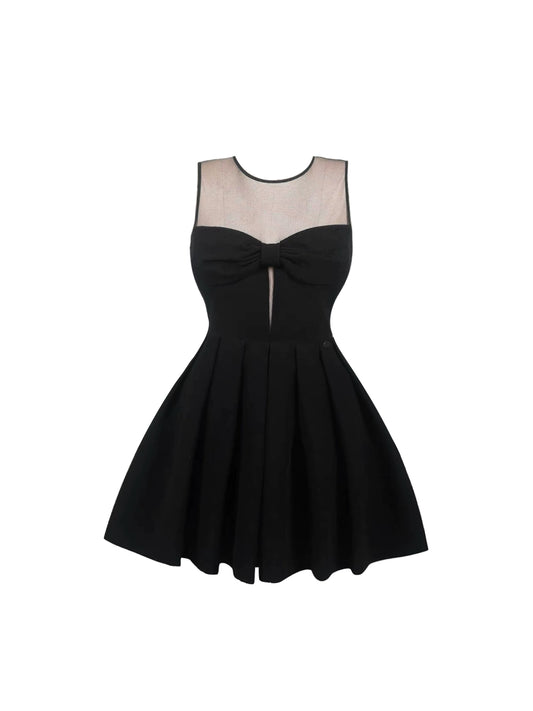 Ornate Jewel Neck A-Line Black Mini Skirt Bow Cutout Splicing Tulle Short Dress AP4436
