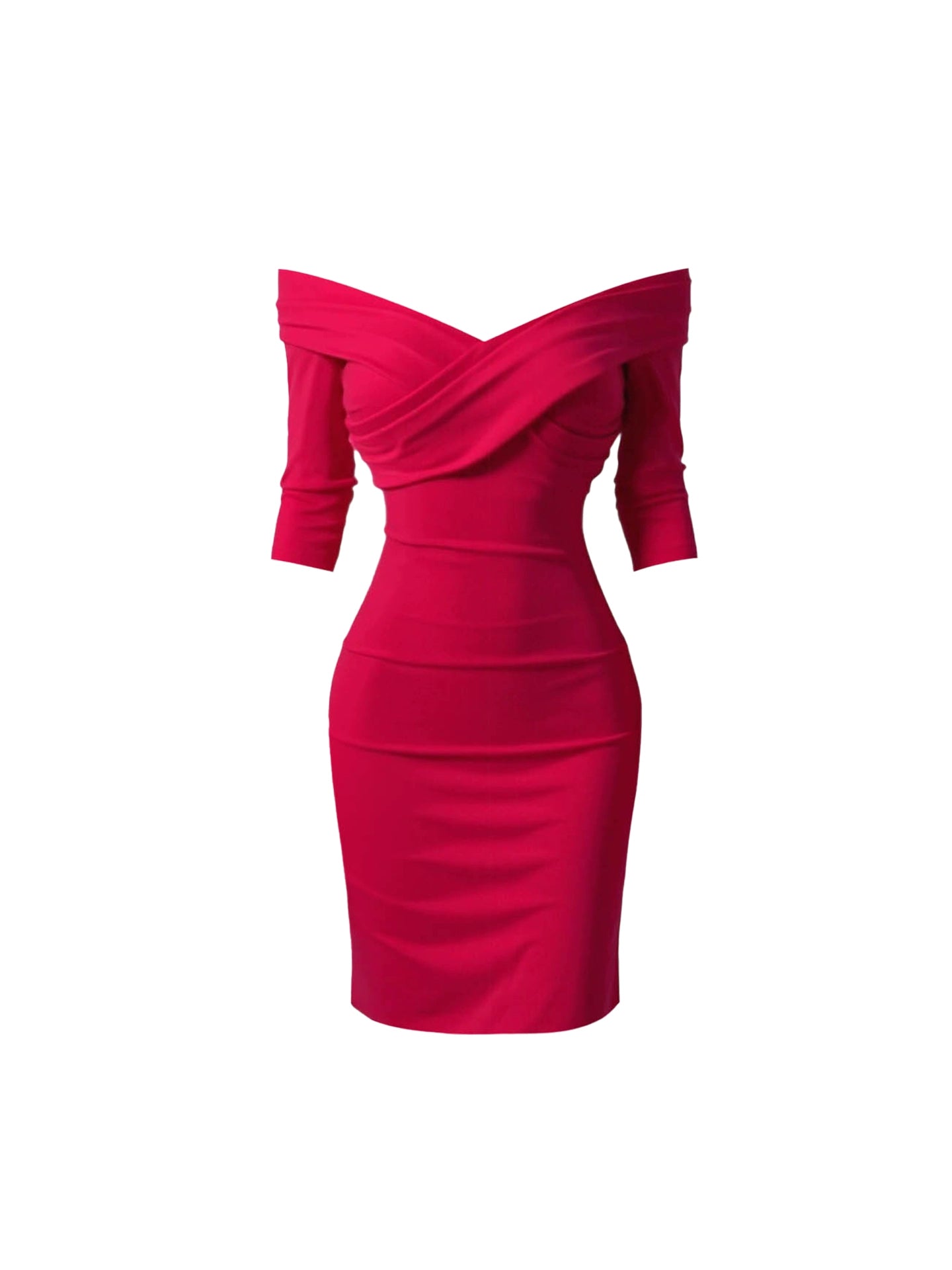 Y2K Style Off Shoulder Hot Pink Mini Skirt Sheath 3/4 Sleeve Pleated Short Dress AP4439