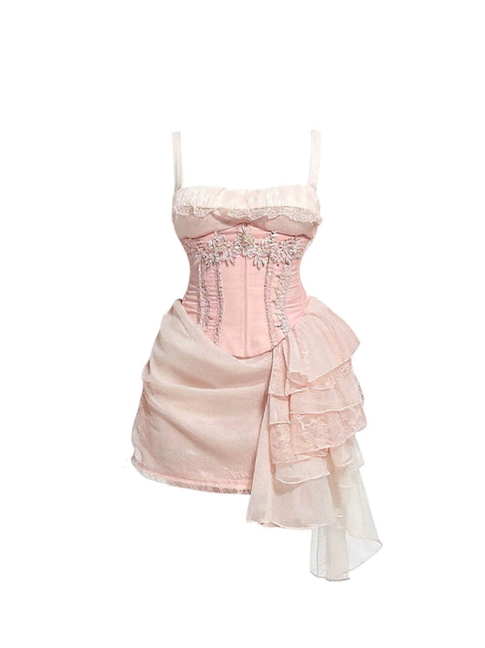 Luxurious Spaghetti Strap Lace Tulle Ruffles Mini Skirt With Corset Sweet Beaded Sheath Cinched-Waist Short Dress AP4440