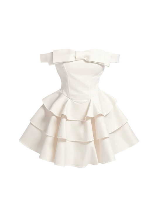 Luxury Off-Shoulder Bow Accent Mini Skirt Graceful A-Line Tiered Short Dress AP4441