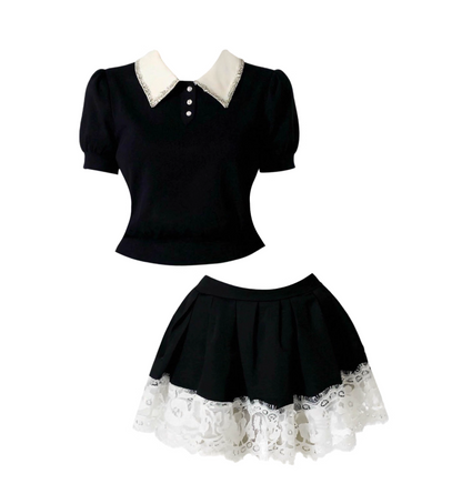 Graceful A-Line Lace Hem 2-Piece Set Mini Skirt Hottie Outfit Lapel Neck Short Sleeve Short Dress AP4442