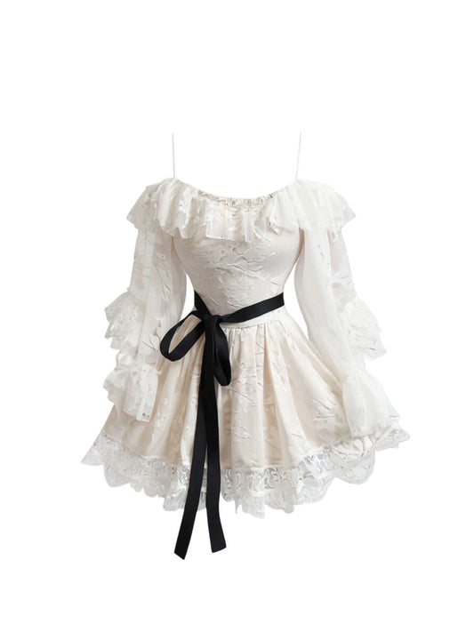 Classical A-Line Off-Shoulder Beaded Mini Skirt Romantic Flared Lace Long Sleeve Ruffles Short Dress AP4444