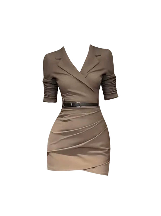 Sweet V Neck Minimalism Mini Skirt Vintage Sheath 3/4 Sleeve Asymmetric Hem Short Dress AP4446
