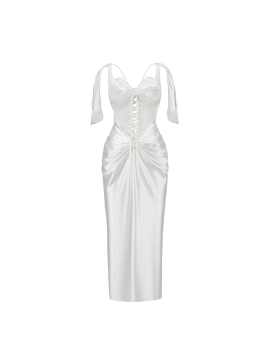 Vintage Spaghetti Straps White Satin Pleated Midi Dress Graceful Sheath Lace-Up Long Dress AP4448
