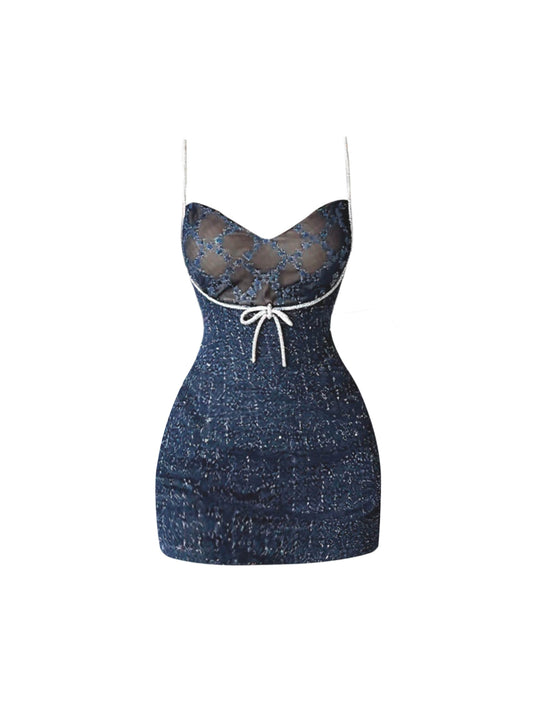 Artistic Spaghetti Strap Lace Trim Mini Skirt Vogue Bow Accent Sheath Sequins Accent Short Dress AP4449