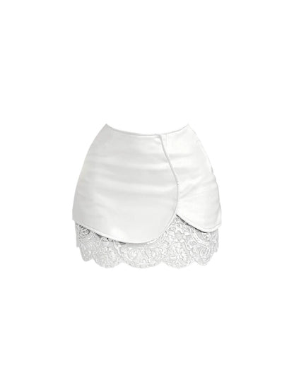 Dreamy V Neck 2-Piece Set Sheath White Mini Skirt Romantic Splicing Lace Long Sleeve Short Dress AP4450