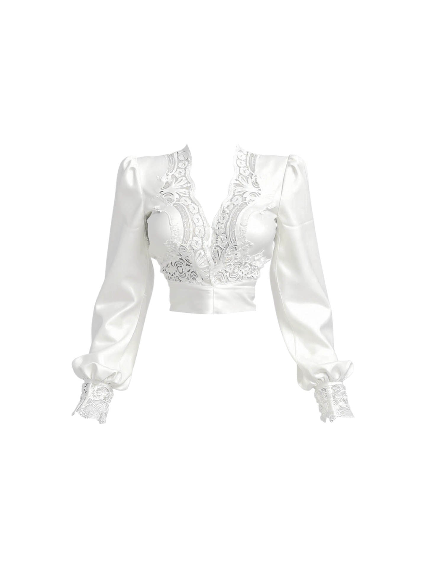 Dreamy V Neck 2-Piece Set Sheath White Mini Skirt Romantic Splicing Lace Long Sleeve Short Dress AP4450