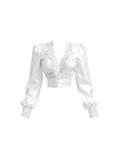 Dreamy V Neck 2-Piece Set Sheath White Mini Skirt Romantic Splicing Lace Long Sleeve Short Dress AP4450