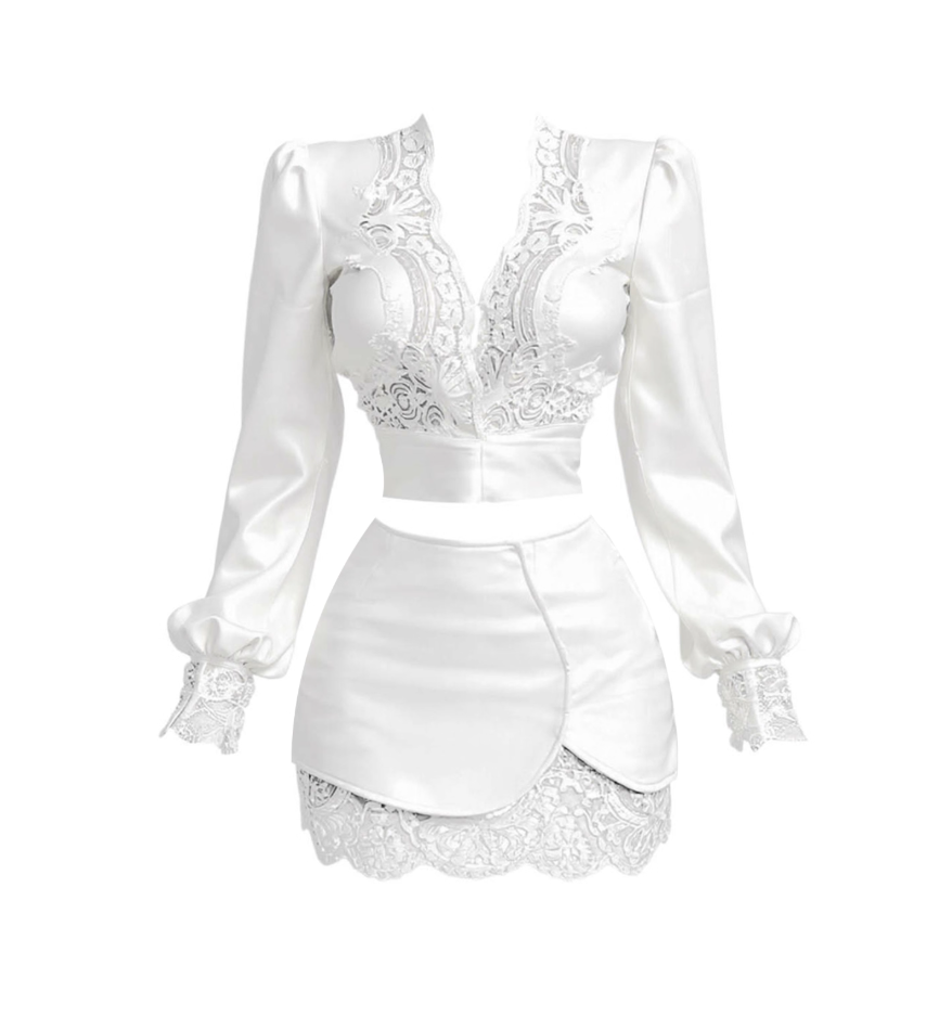 Dreamy V Neck 2-Piece Set Sheath White Mini Skirt Romantic Splicing Lace Long Sleeve Short Dress AP4450