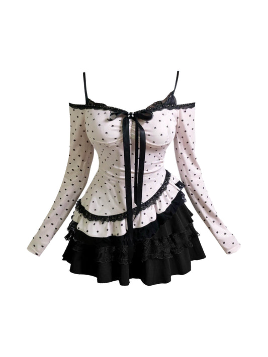 Alluring A-Line 2-Piece Set Mini Skirt Novelty Off-Shoulder Long Sleeve Polka Dots Blouse Tiered Black Short Dress AP4451