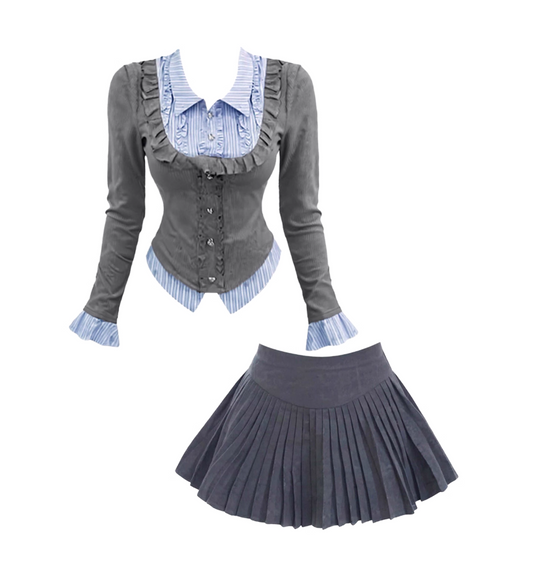 Glam A-Line 2-Piece Set Ruffles Trim Mini Skirt Everyday Wear Lapel Neck Long Sleeve Pressed Pleated Short Dress AP4453