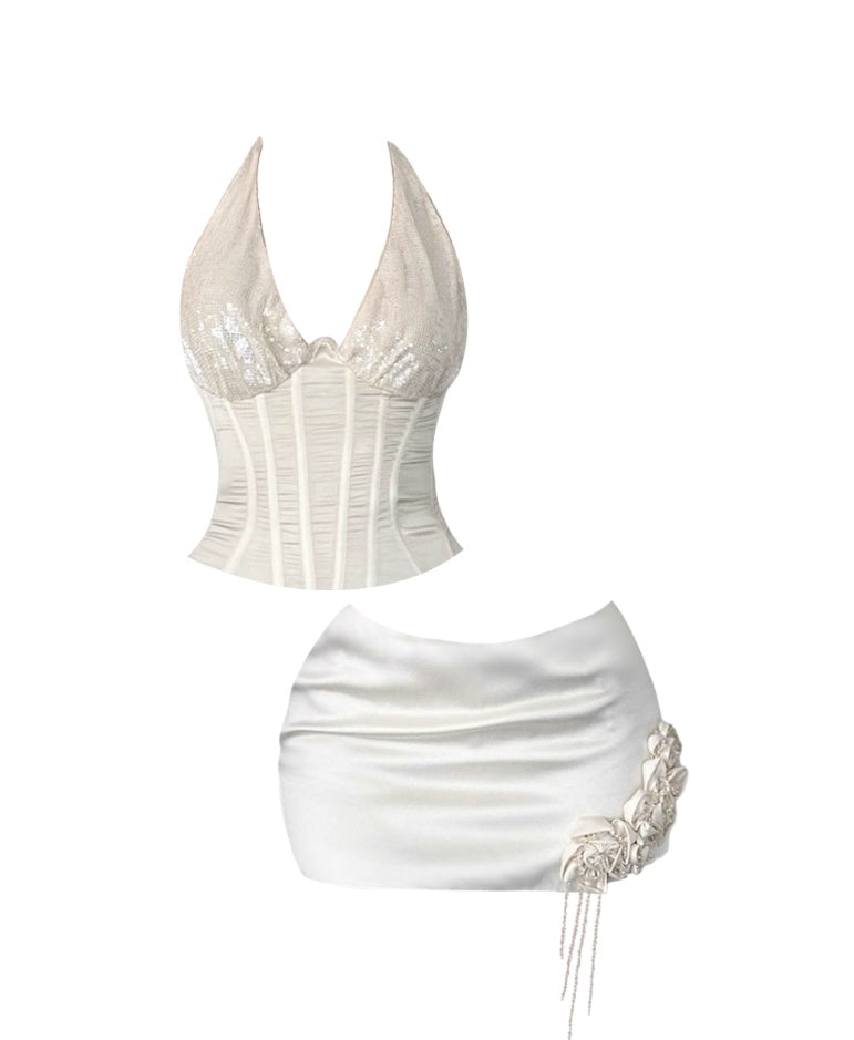 Glamorous 2-Piece Set Bodycon 3D Flowers Mini Skirt Charming Sequins Beading Design Halter Short Dress AP4454