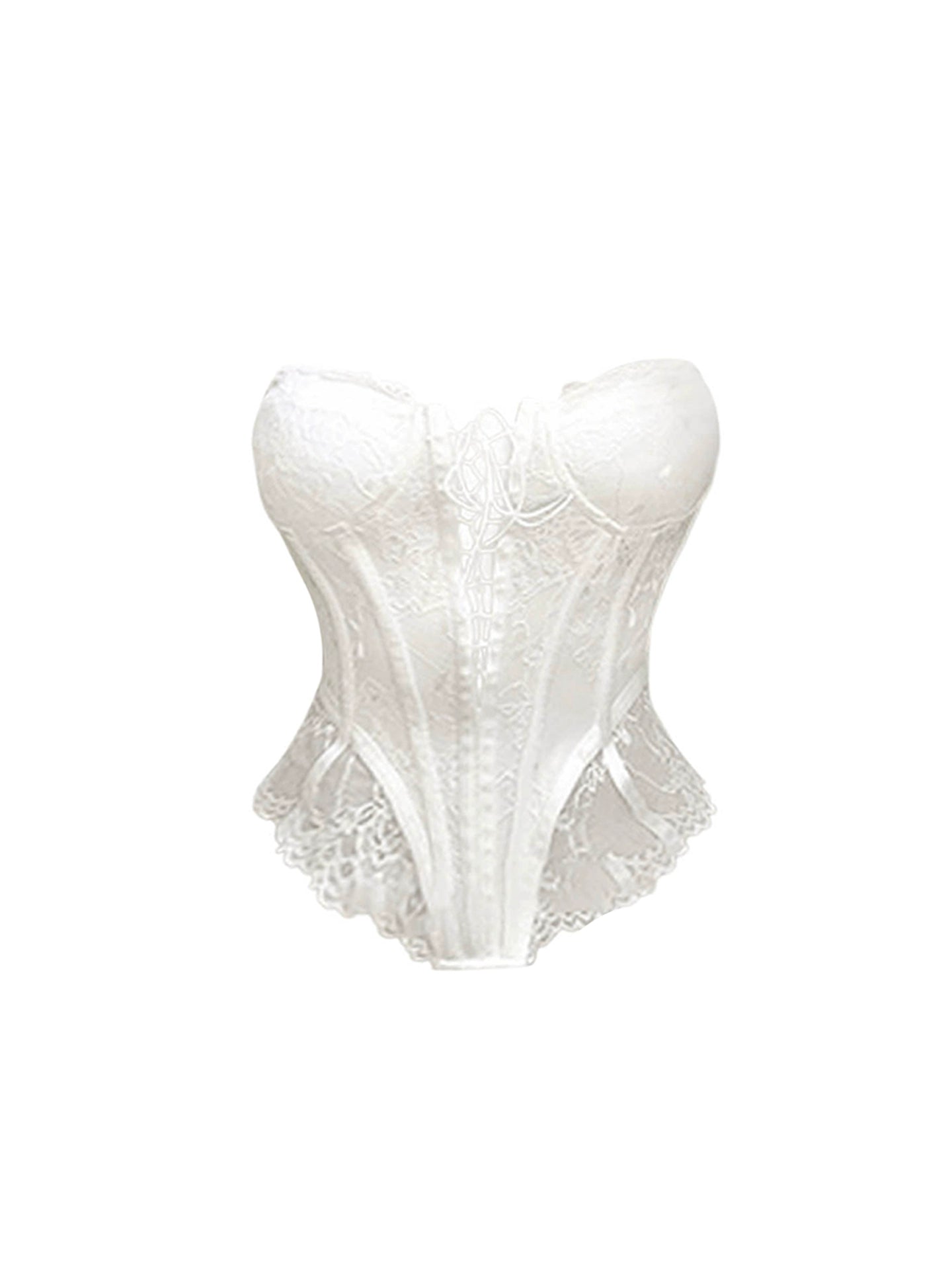 Ethereal Strapless 2-Piece Set Splicing Lace Mini Skirt Fantastic Lace-Up A-Line White Short Dress AP4455