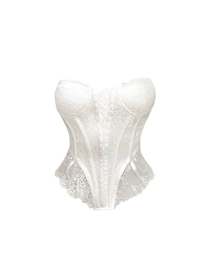 Ethereal Strapless 2-Piece Set Splicing Lace Mini Skirt Fantastic Lace-Up A-Line White Short Dress AP4455