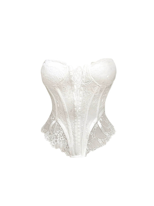 Ethereal Strapless 2-Piece Set Splicing Lace Mini Skirt Fantastic Lace-Up A-Line White Short Dress AP4455