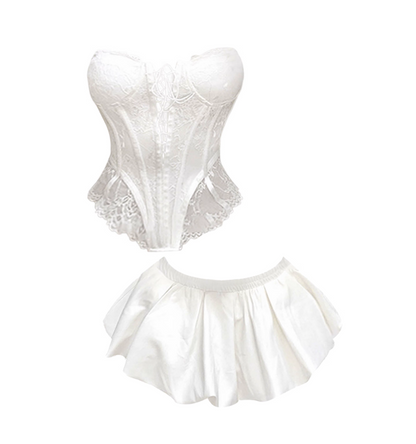 Ethereal Strapless 2-Piece Set Splicing Lace Mini Skirt Fantastic Lace-Up A-Line White Short Dress AP4455