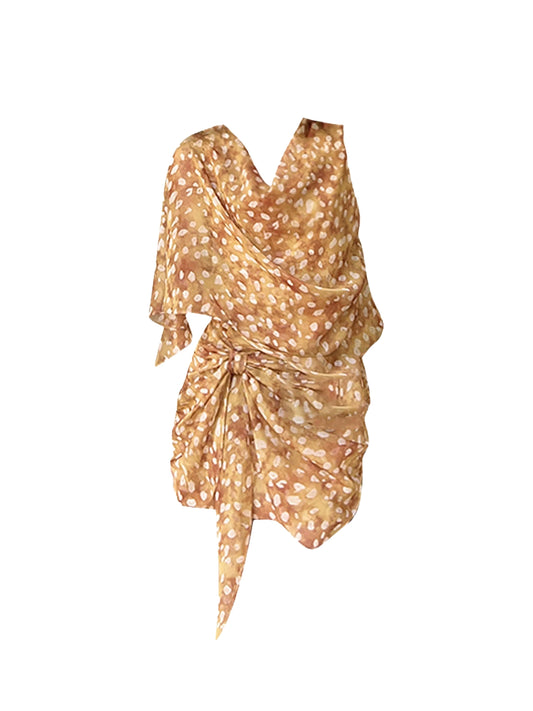 Dramatic Sheath 2-Piece V Neck Set  Mini Skirt Vibrant Floral Gathered Chiffon Short Dress AP4456
