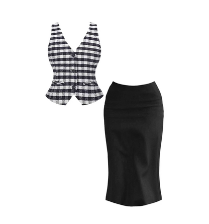 Novelty Plaid V Neck Midi Dress Vogue Office Outfit Sheath 2-Piece Set Long Dress AP4457