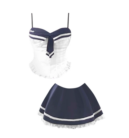Unique Spaghetti Strap 2-Piece Set Mini Skirt Novelty Ruffles Trim A-Line Stripe Short Dress AP4458