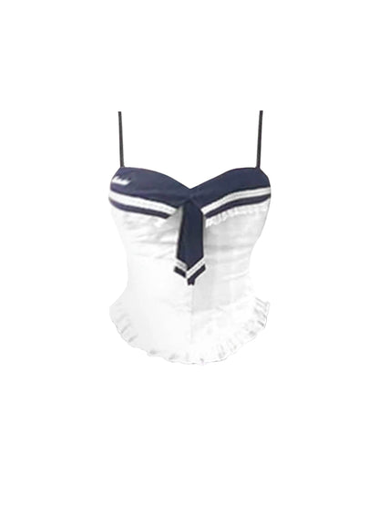 Unique Spaghetti Strap 2-Piece Set Mini Skirt Novelty Ruffles Trim A-Line Stripe Short Dress AP4458