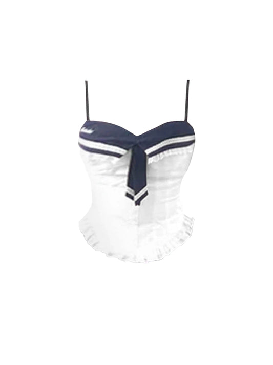 Unique Spaghetti Strap 2-Piece Set Mini Skirt Novelty Ruffles Trim A-Line Stripe Short Dress AP4458