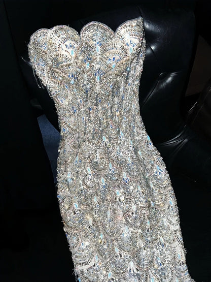 Sheen Strapless Sweet 16th Mermaid Evening Dresses Unique Beading Rhinestones Sequins Prom Dress AP4460