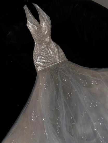 Fashionable Mermaid Halter Neck Formal Dresses Backless Beading Sequins Tulle Prom Dress AP4462
