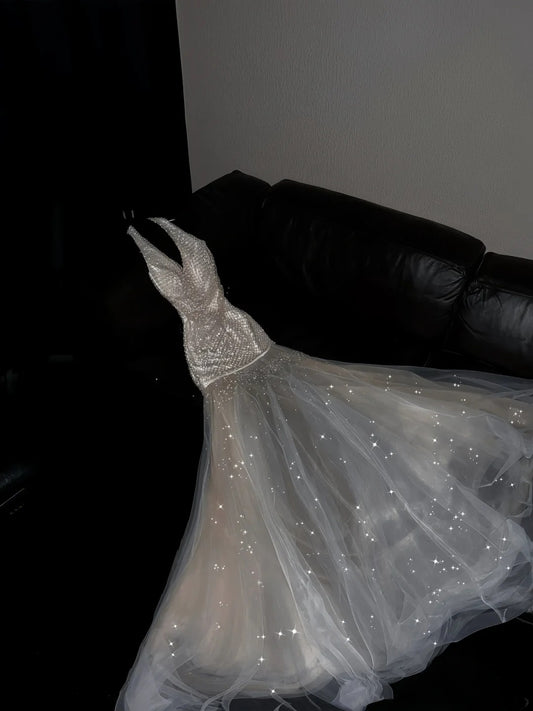 Fashionable Mermaid Halter Neck Formal Dresses Backless Beading Sequins Tulle Prom Dress AP4462