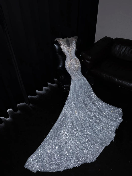 French Style Illusion Neck Sweet 16th Mermaid Dresses Charming Sequins Rhinestones Beading Prom Dress AP4463
