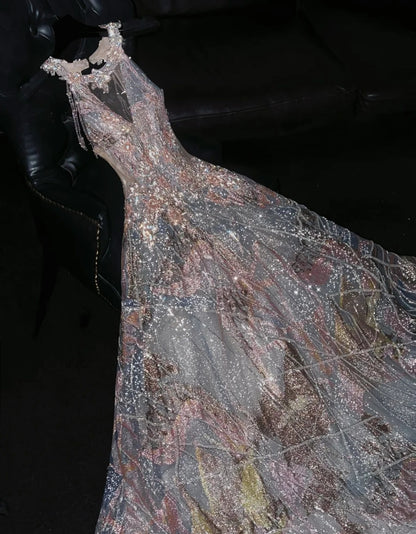 Dopamine Style Halter Neck Splicing Tulle A-Line Sweet 16 Gowns Amazing Sequins Beading Rhinestones Prom Dress AP4464