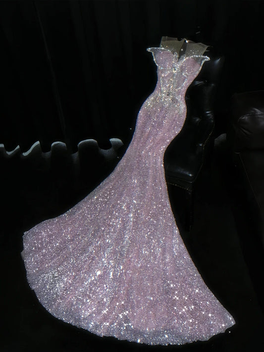Charming Illusion Neck Sweet 16th Mermaid Dresses Rhinestones Sequins Beading Pink Prom Dress AP4465