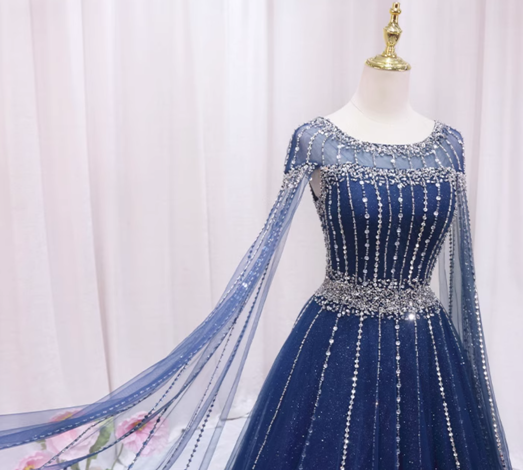 Flowy A-Line Jewel Neck Sweet 16th Gowns Tulle Long Sleeve Beading Sequins Rhinestones Prom Dress AP4466