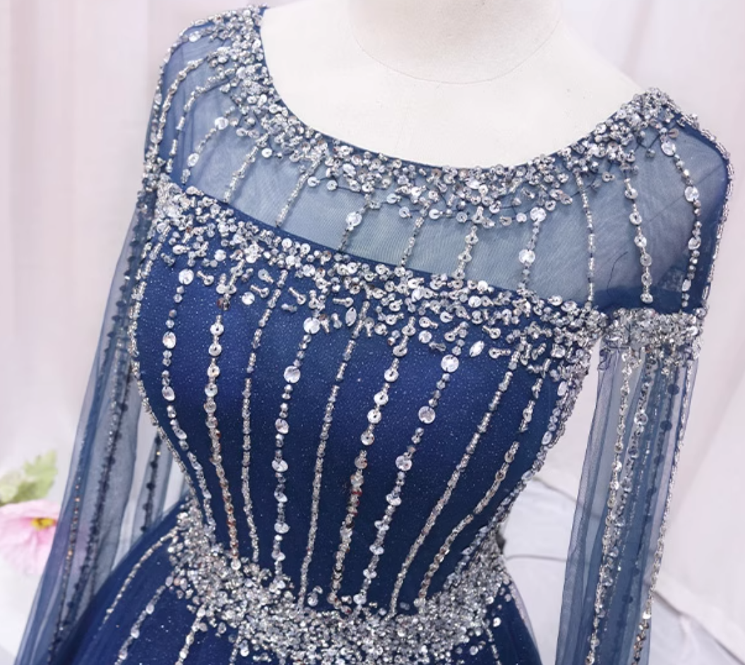 Flowy A-Line Jewel Neck Sweet 16th Gowns Tulle Long Sleeve Beading Sequins Rhinestones Prom Dress AP4466