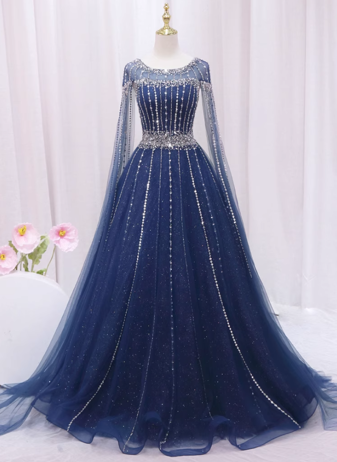 Flowy A-Line Jewel Neck Sweet 16th Gowns Tulle Long Sleeve Beading Sequins Rhinestones Prom Dress AP4466