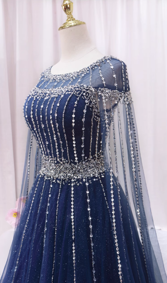 Flowy A-Line Jewel Neck Sweet 16th Gowns Tulle Long Sleeve Beading Sequins Rhinestones Prom Dress AP4466