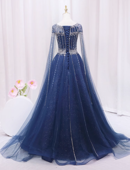 Flowy A-Line Jewel Neck Sweet 16th Gowns Tulle Long Sleeve Beading Sequins Rhinestones Prom Dress AP4466
