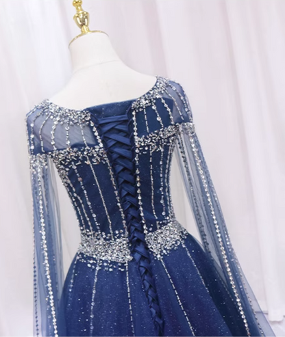 Flowy A-Line Jewel Neck Sweet 16th Gowns Tulle Long Sleeve Beading Sequins Rhinestones Prom Dress AP4466